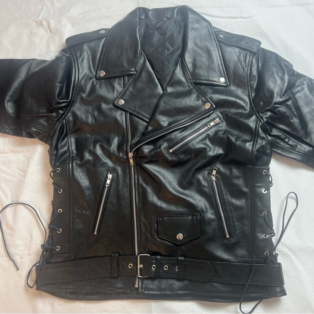 Black Cowhide Leather Motorcycle Eagle design jacket Thickness 0.9mm, Zip YKK